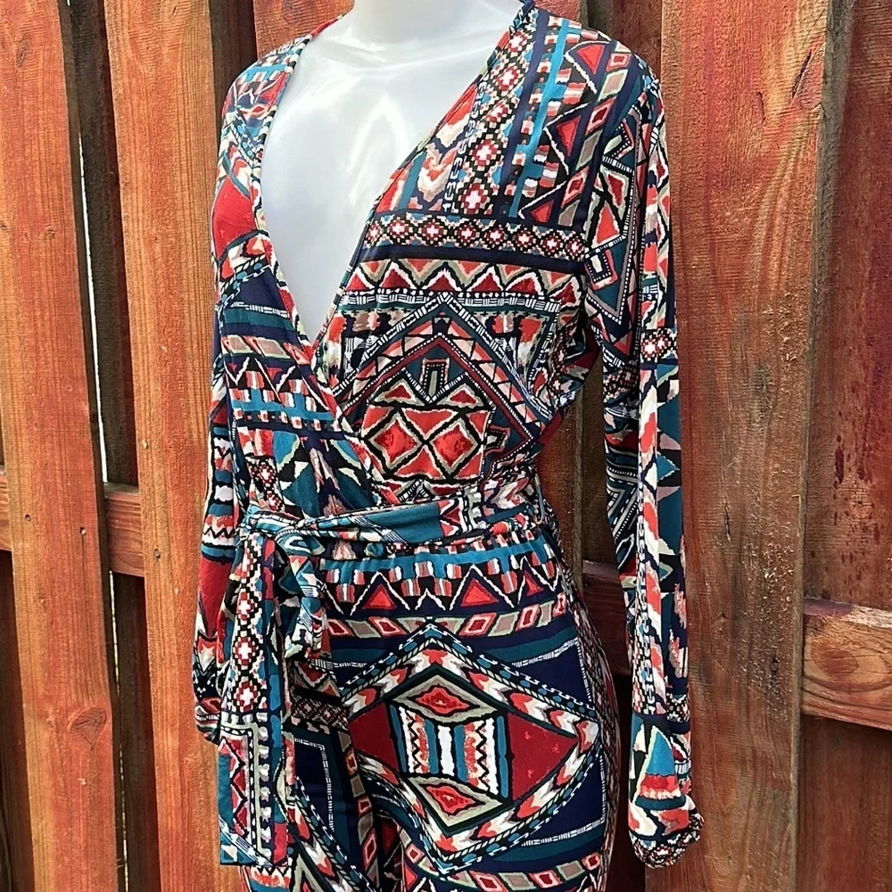 Impulsive Women’s Print Long Sleeve Deep-V Wide Leg Jumpsuit Size M - Picture 5 of 12